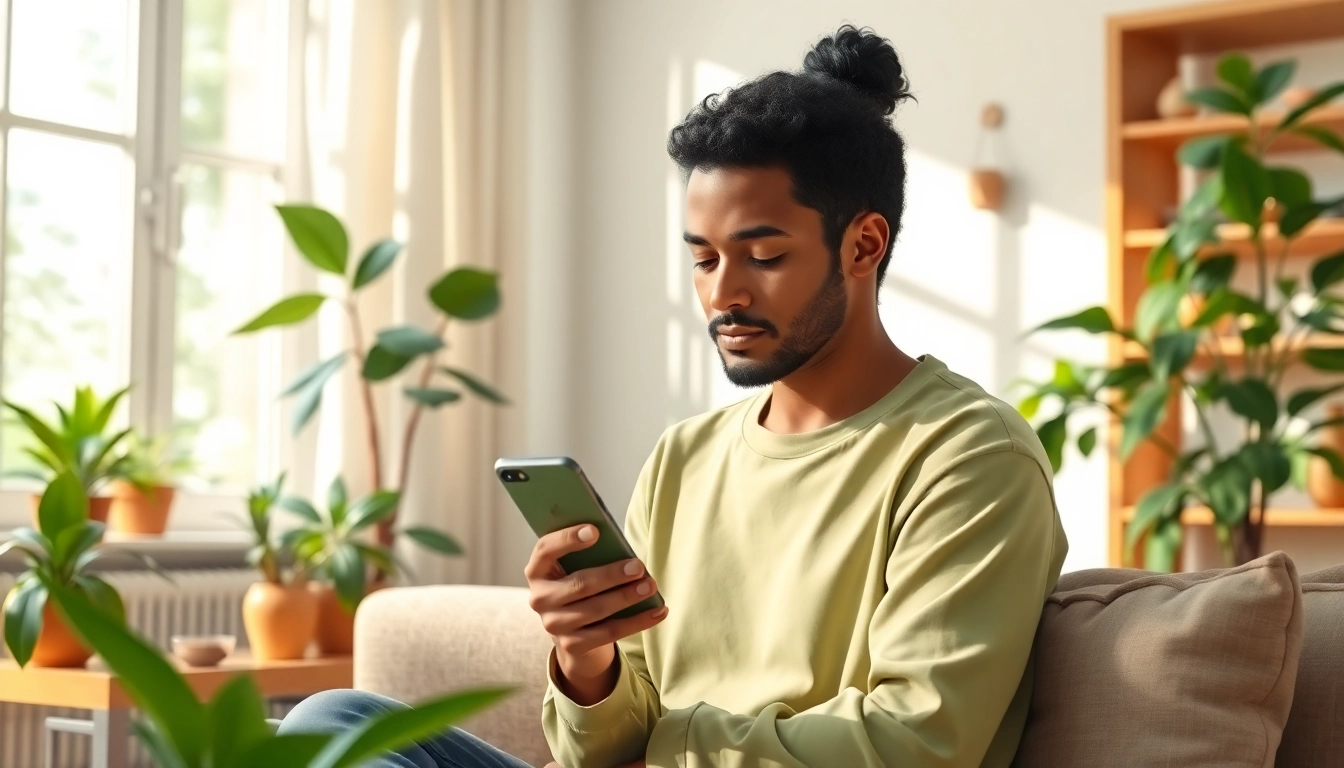 A person engages with the Ayurveda Mobile App, highlighting wellness practices in a serene home setting.