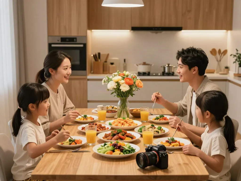 Family enjoying fresh food delivery from ROKOK88 alternatif at a beautifully set dining table.