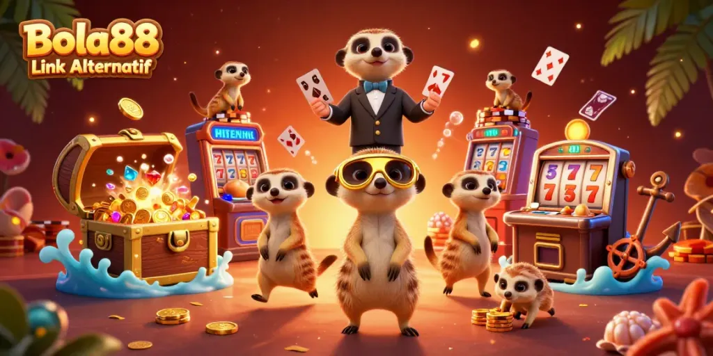 Engage in exciting gameplay with Bola88 Link Alternatif featuring meerkats running a vibrant casino scene.