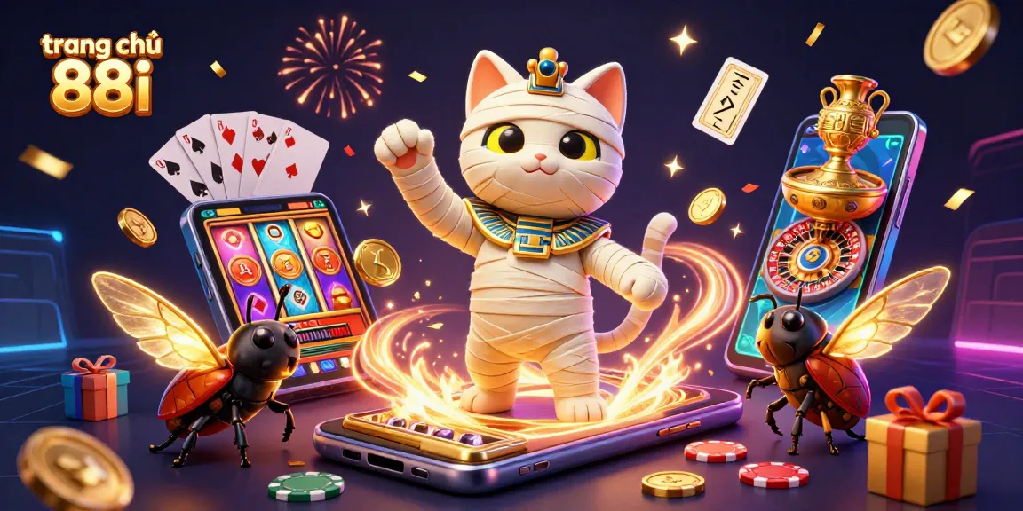 Catch exciting wins at trang chủ 88i, featuring a lively casino scene with our mummy cat mascot!