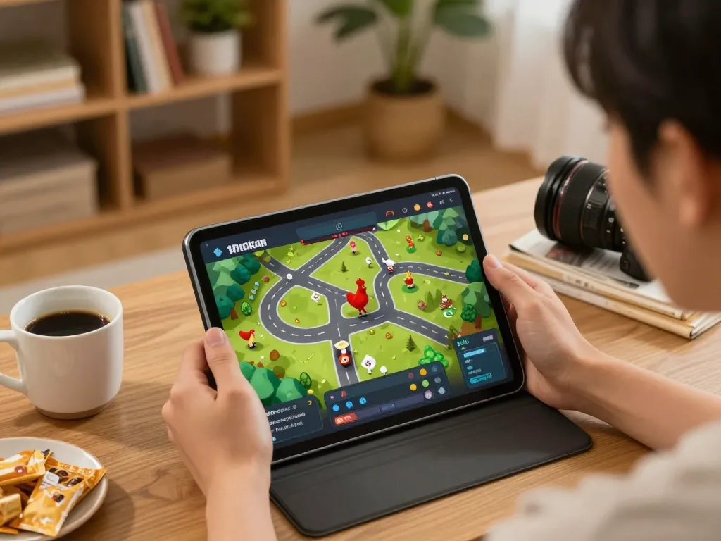 Immagine coinvolgente di un giocatore che si diverte con chicken road recensioni a casa usando un tablet, mostrando un'atmosfera di gioco amichevole.