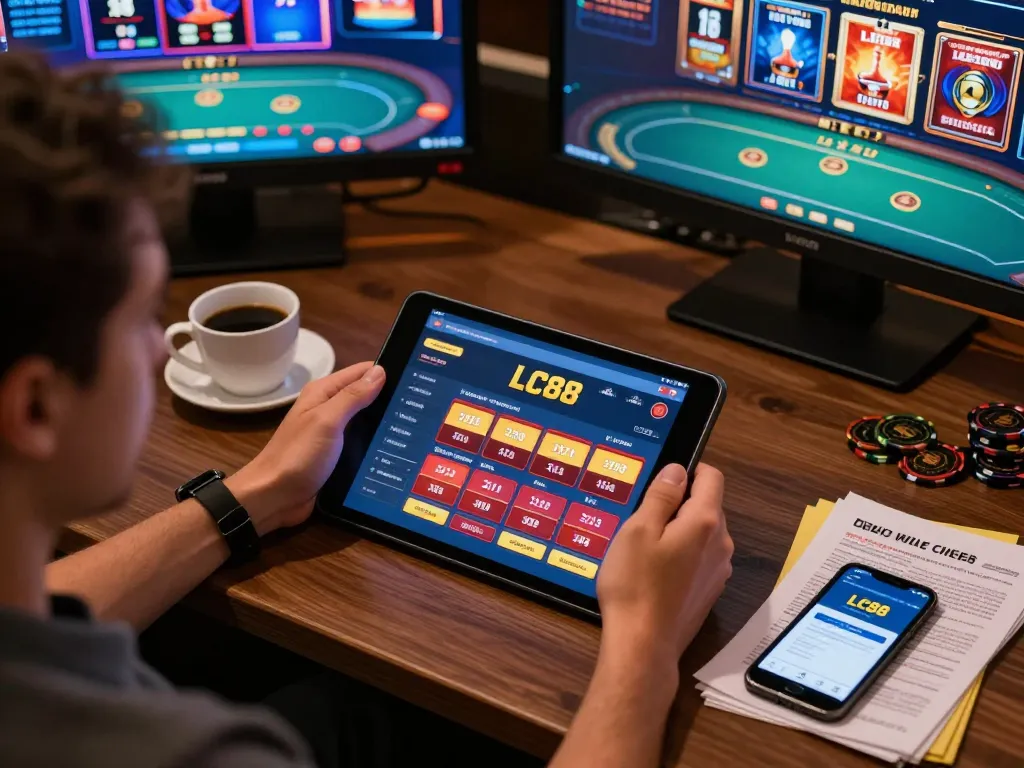 Engaging in online casino gaming with link vào lc88 on tablet showcasing betting interface and strategy.