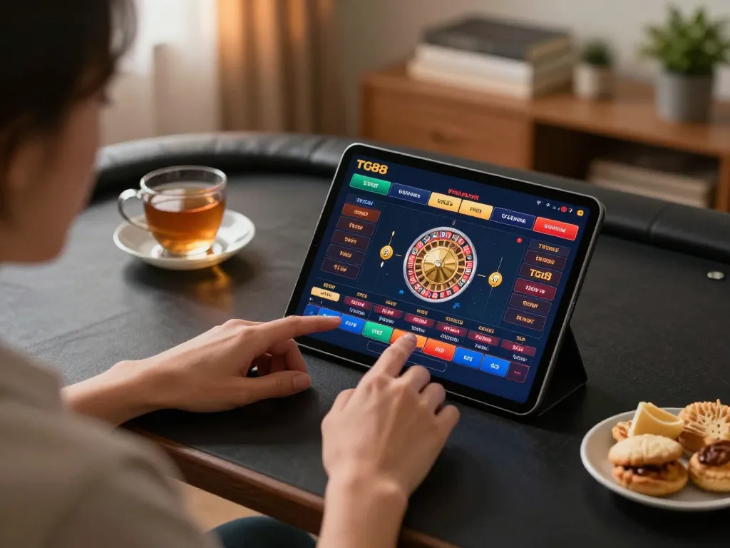 TG88 player engaging in tactical online betting strategy with tablet and snacks at home