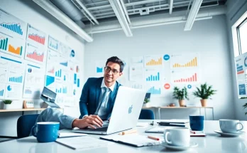 Engaging Social Media Marketing strategist working in a bright office, analyzing trends and strategies.