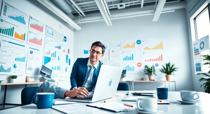 Engaging Social Media Marketing strategist working in a bright office, analyzing trends and strategies.