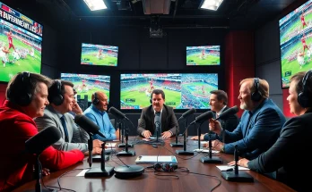 Sports Broadcasting commentators analyzing a live game in a vibrant studio environment.