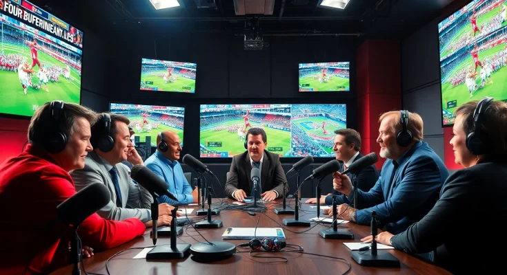 Sports Broadcasting commentators analyzing a live game in a vibrant studio environment.