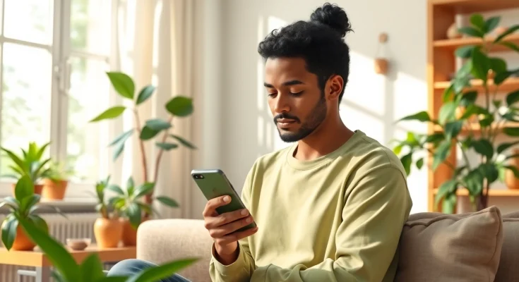 A person engages with the Ayurveda Mobile App, highlighting wellness practices in a serene home setting.
