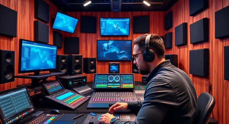 Engaging in online audio mastering at a sophisticated studio with advanced equipment.