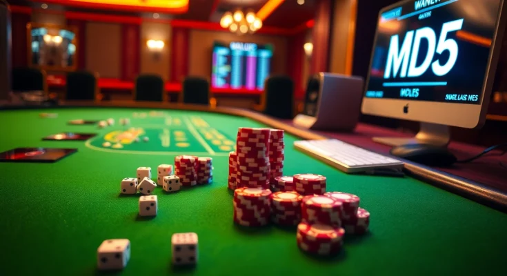 Tài xỉu md5 game table setup showcasing dice and real-time game results.