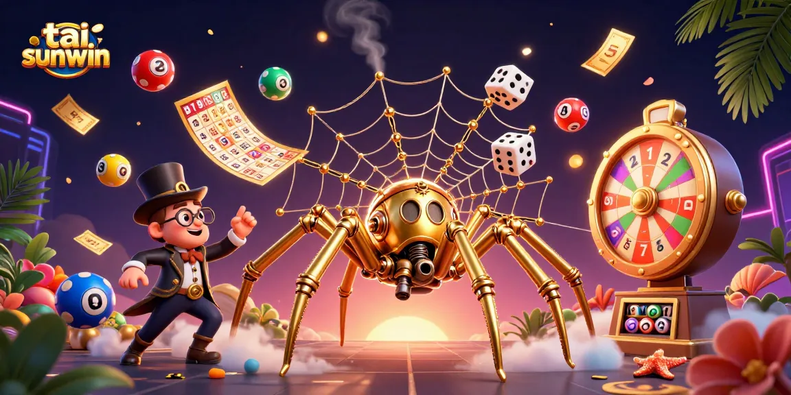 Experience excitement at tai sunwin with colorful lottery balls and a steampunk-themed illustration.