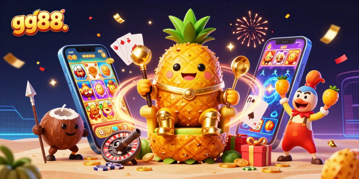 Experience the vibrant world of gg88. with a golden pineapple king in a lively online casino scene.