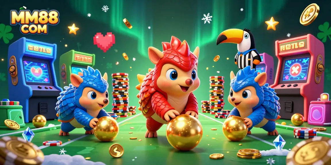 Engage with MM88 COM's vibrant gaming adventure featuring colorful pangolins, poker chips, and arcade elements.