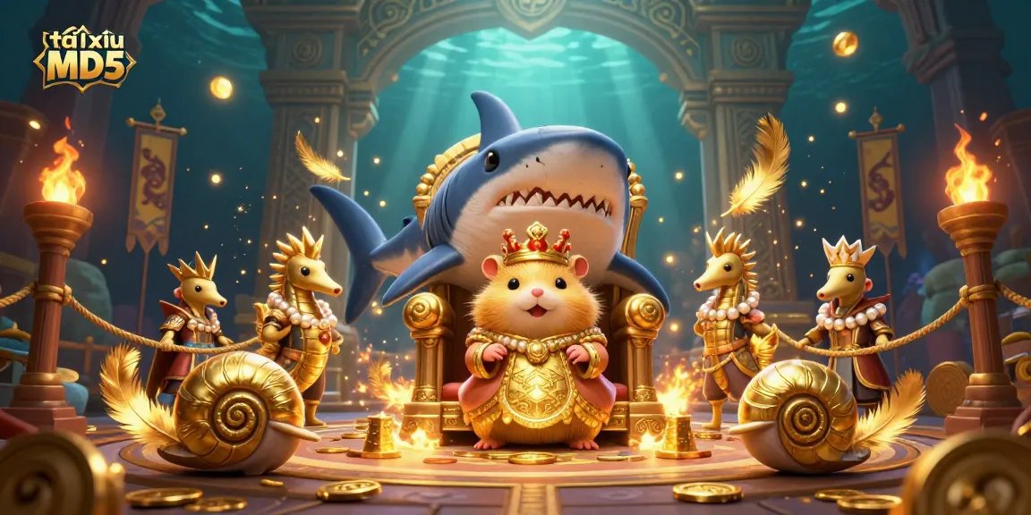 Tài xỉu MD5 gameplay featuring a golden hamster king on a shark tooth throne in an exciting underwater casino setting.