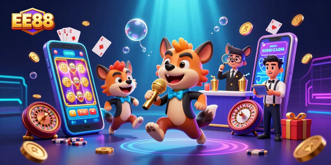 Engage with EE88's vibrant casino world featuring hyenas in a comedic scene.