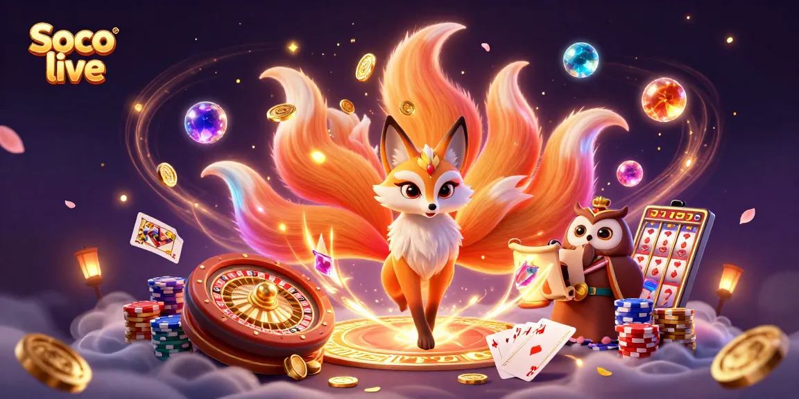 Soco live captivates players with vibrant spirit orbs and glowing fox in a casino-themed illustration.