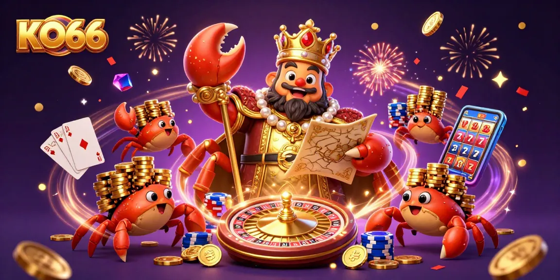 KO66 features a golden crab emperor in a vibrant casino scene showcasing exciting gaming elements.