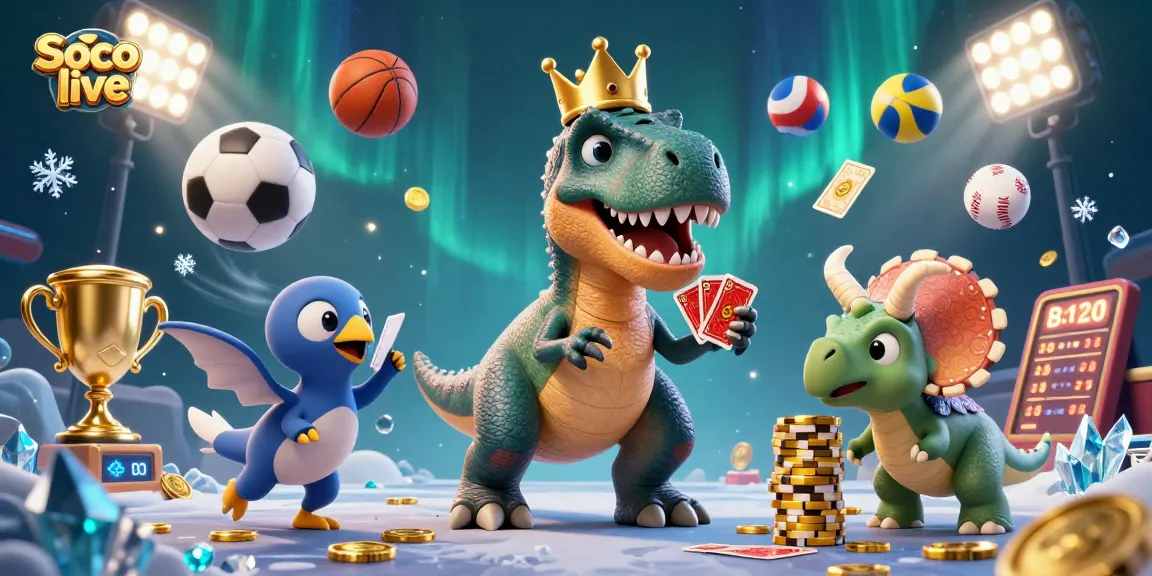 Engage with Soco live through an epic casino scene featuring animated dinosaurs in a vibrant setting.
